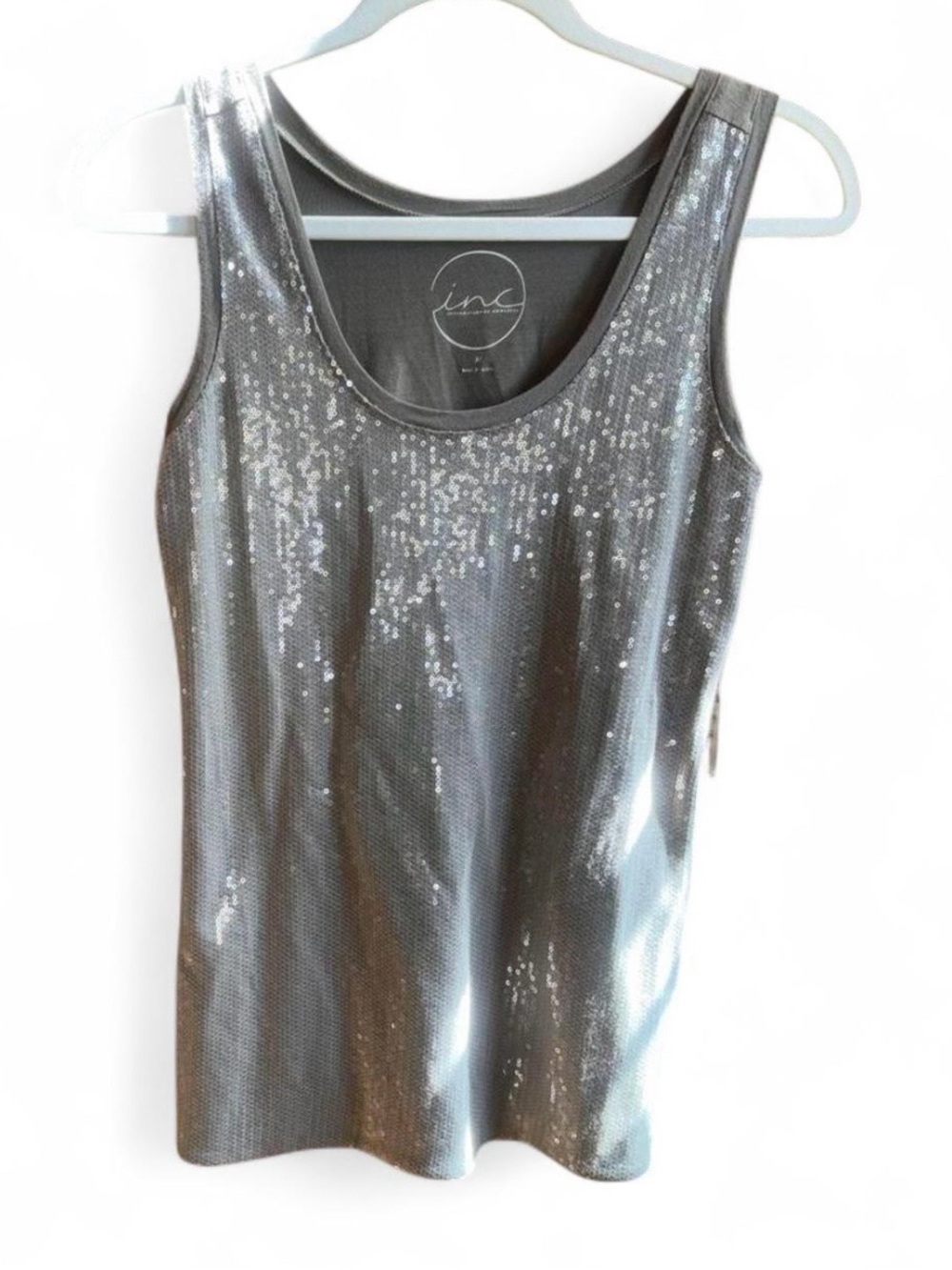 INC International Concepts Silver Sequin Scoop Neck Tank Top
